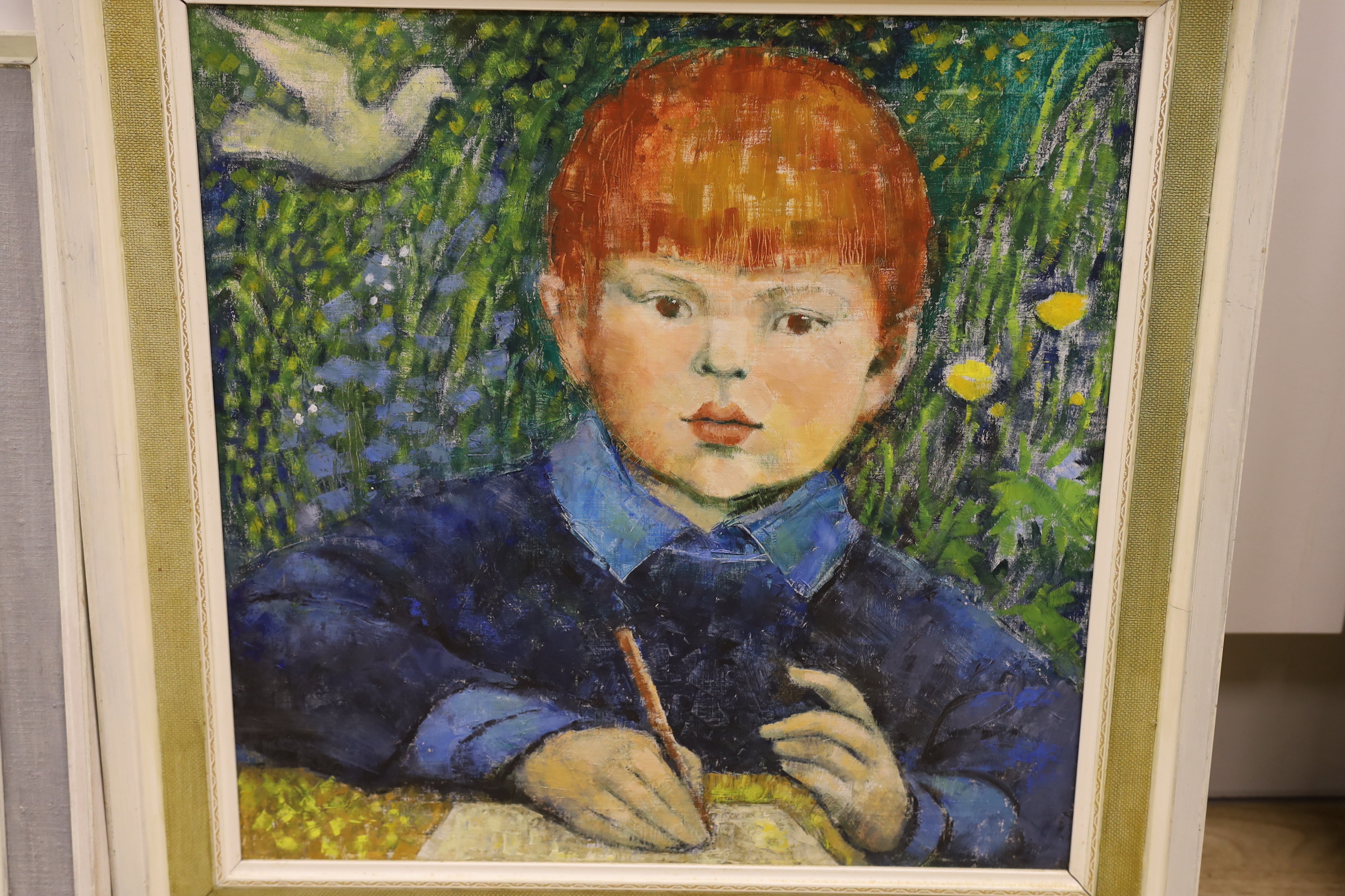 Molly Rice (Contemporary), two oils, one on canvas entitled 'Boy and bird', each with details verso, largest 45 x 45cm